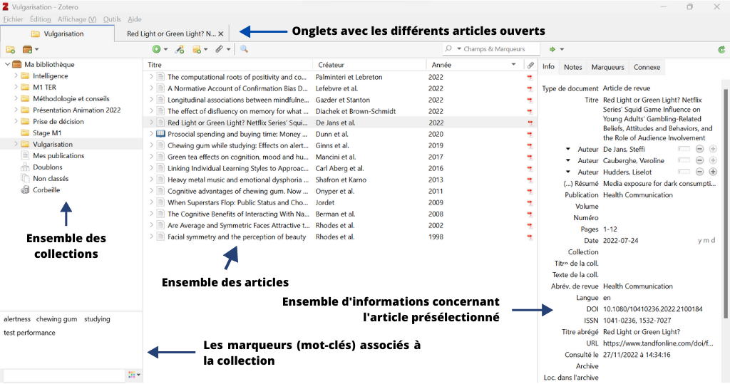 Présentation des différentes section de la page de Zotero 