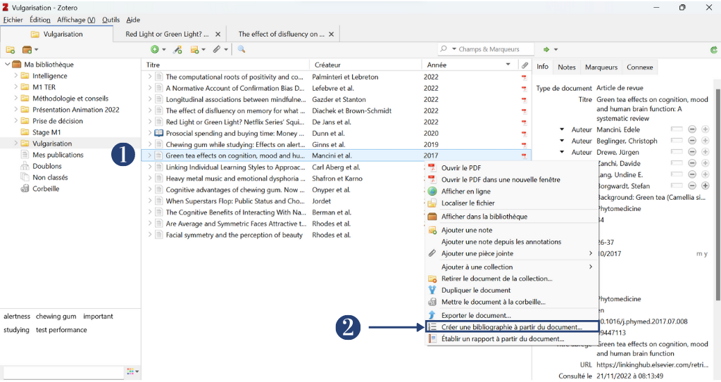 Indication pour créer une bibliographie à partir d'un article directement dans Zotero 