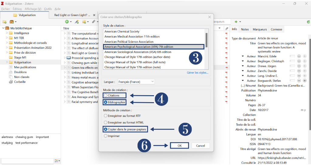 indication des différentes étapes pour créer une citation directement depuis Zotero 