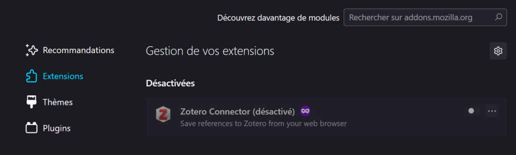 Présentation de l'endroit où cliquer pour activé l'extension de Zotero 