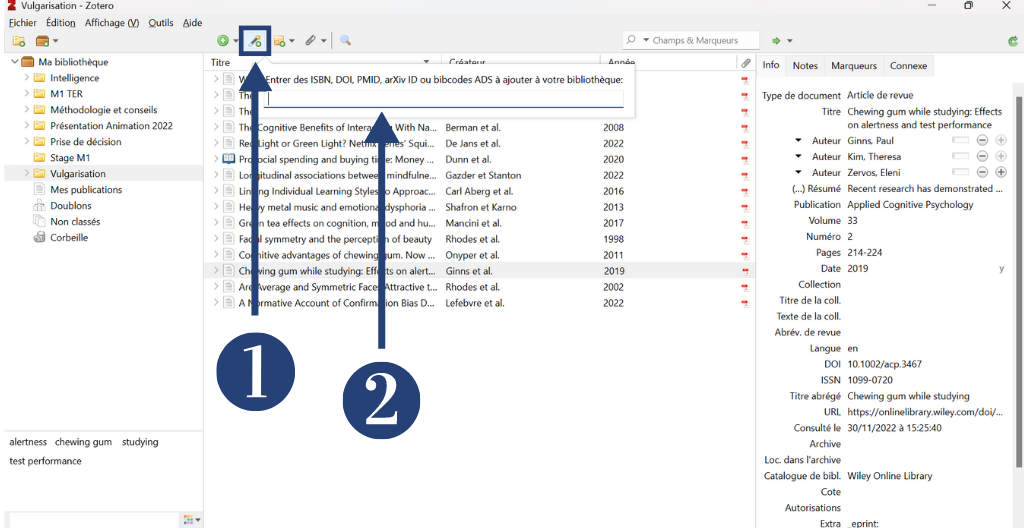 Indication pour ajouter un article depuis Zotero